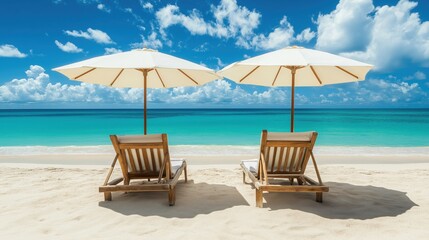 Obraz premium Two Beach Chairs Under Umbrellas on a Tropical Beach, Perfect for Relaxation and Vacation Getaway