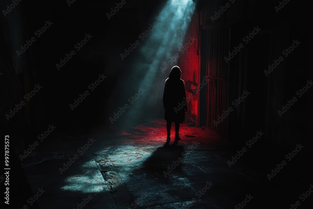 Leinwandbilder in a dimly lit room, a shadowy figure is cast in stark light, surrounded by deep colors of black and