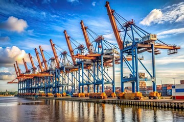 Extreme close-up view of cargo cranes in Bremerhaven port against a blue sky