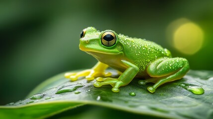 Naklejka premium Frog with water droplets on leaf, serene natural setting, macro wildlife shot