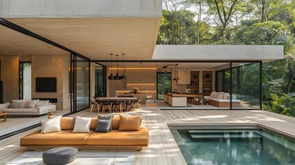 Open-plan living area with modern furniture and large glass doors, blending indoor and outdoor living