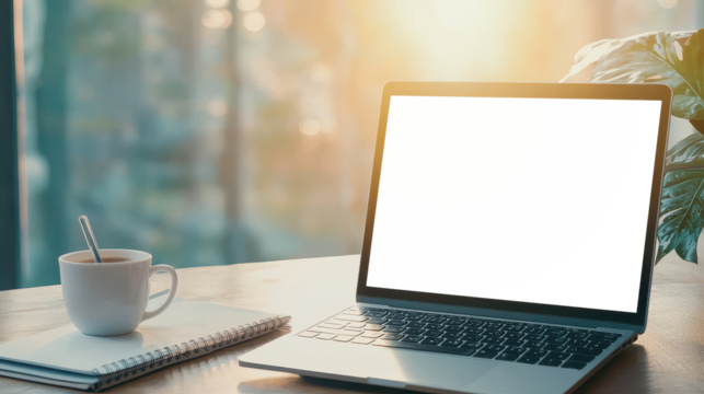 Transparent laptop screen on wooden table with coffee cup and sunlight in the background