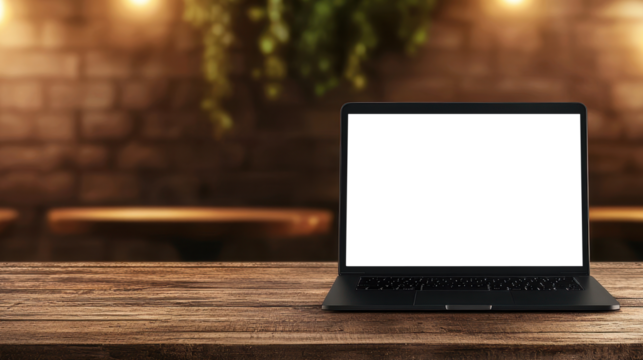 Transparent laptop screen on wooden table in cozy outdoor space with plants - Powered by Adobe
