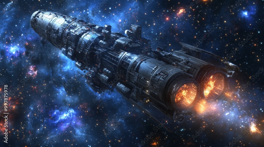 Poster a detailed spaceship navigates the deep expanse of a colorful galaxy, showcasing bright stars and sw
