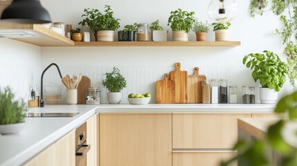 Fototapeta premium Modern Minimalist Kitchen Design with Plants and Natural Light