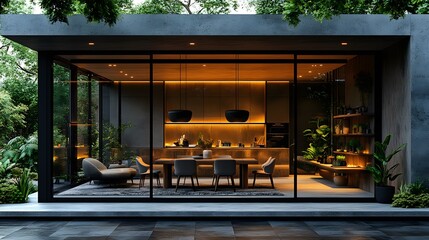 Modern dining space with minimalist furniture, smart lighting, and clean architectural lines