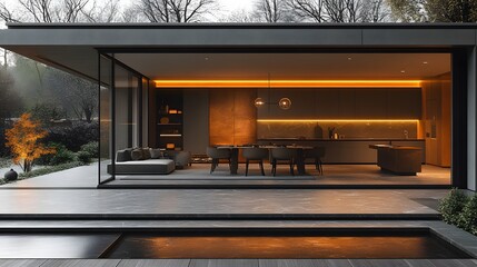 Modern dining space with minimalist furniture, smart lighting, and clean architectural lines