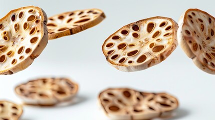 High-definition ultra-realistic stock photo of lotus root slices beautifully suspended in mid-air against a pristine white background, showcasing intricate details and vibrant colors.