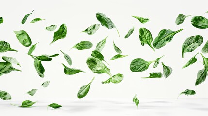 Vibrant leafy spinach leaves gracefully suspended in mid-air against a clean white background, showcasing intricate details and professional color grading. 