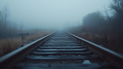 Fototapeta premium Foggy Railroad Tracks Leading Into the Distance