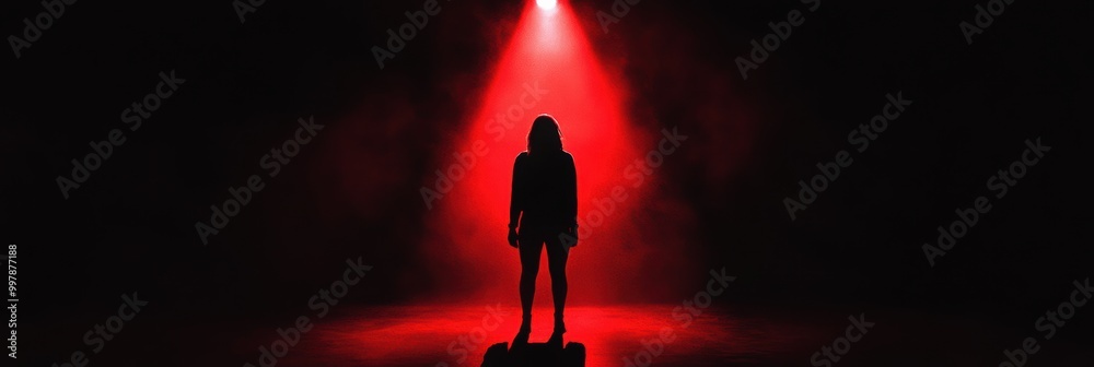 Poster in a dimly lit room, a shadowy figure is highlighted by a red spotlight, creating an atmosphere fill