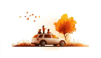 Thanksgiving family road trip flat design, side view, holiday travel theme, water color, vivid