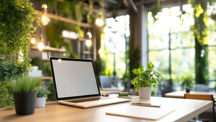 Fototapeta premium A refreshing workspace seamlessly blends nature with technology, showcasing a neat desk adorned with plants, a laptop, and soft lighting creating an inviting atmosphere.