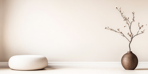 Minimalist interior design featuring a textured cushion and a delicate branch vase against a neutral wall background in a living space