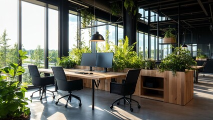 A serene workspace adorned with lush greenery, large windows inviting natural light, and a minimalist wooden desk setup promises creativity and tranquility for productivity.