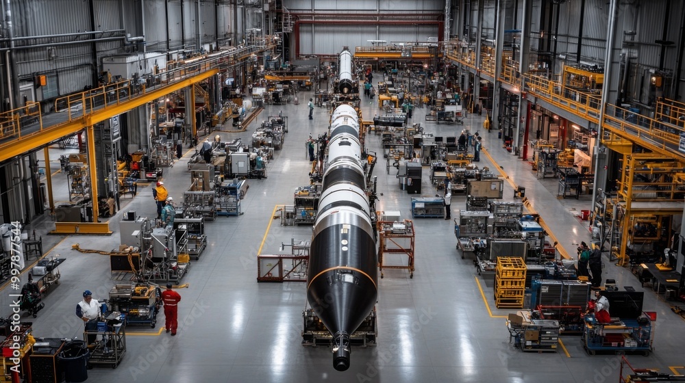 Aufkleber technicians work on a large rocket in a busy manufacturing facility filled with equipment and machin