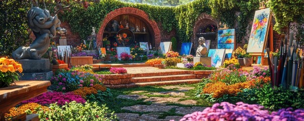 Fototapeta premium A vibrant artist's garden with sculptures, colorful flower beds, and hidden nooks filled with canvases and painting supplies