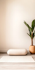 A serene yoga space featuring a soft mat and cushion next to a potted plant, perfect for meditation and relaxation at home