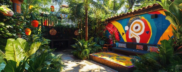 Fototapeta premium A vibrant Brazilian backyard with a colorful mural wall, a small samba dance floor, and lush tropical foliage enhancing the festive atmosphere