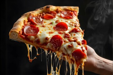 person holding slice of pizza on black background