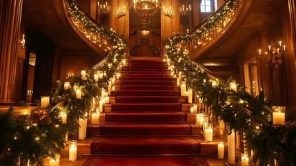 A grand staircase lined with candles and pine garlands