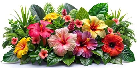 Eye level arrangement of hibiscus and tropical plants