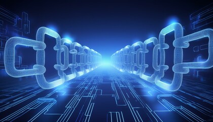 Fototapeta premium A visually striking representation of blockchain technology with interconnected chains in a network on a dark blue background symbolizing connectivity and technology.