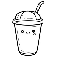 kawaii coffee cup with cream and straw coloring book page for kids