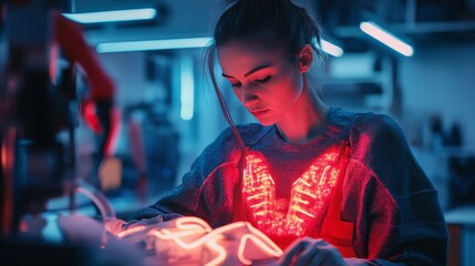 Fototapeta premium Woman in Neon Lights: A Futuristic Cyberpunk Aesthetic
