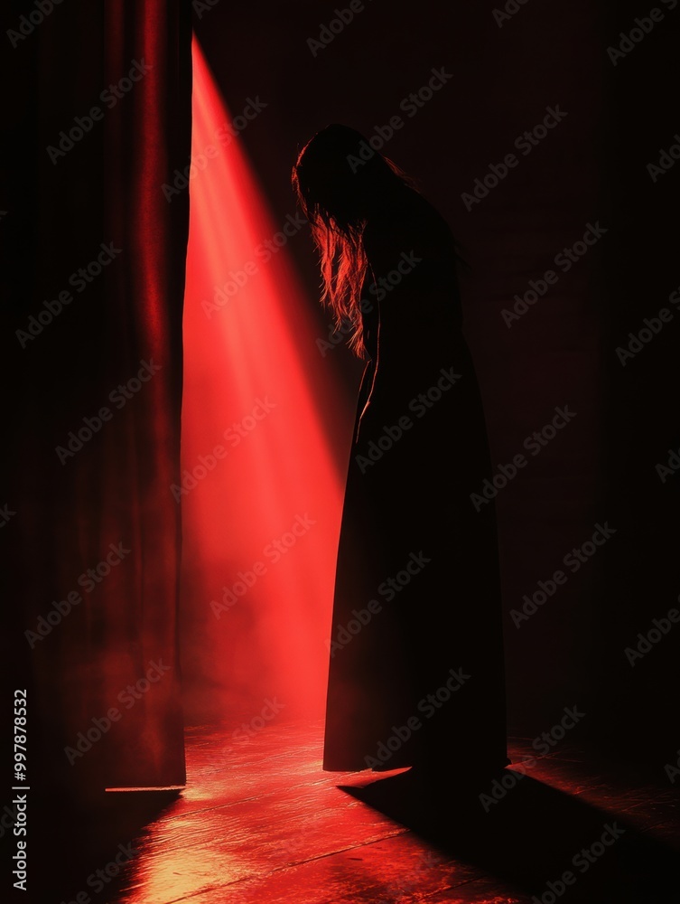 Aufkleber in a dark room, a shadowy figure is bathed in a deep red spotlight, creating an atmosphere of tensio