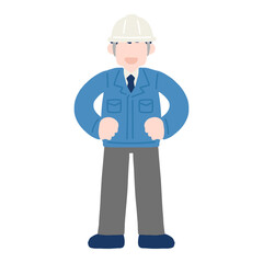 両手を腰にあてて立つヘルメットをかぶりスーツに作業服を着た男性のフラットなイラスト
