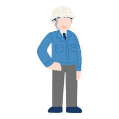 腰に手をあてて立つヘルメットをかぶりスーツに作業服を着た男性のフラットなイラスト
