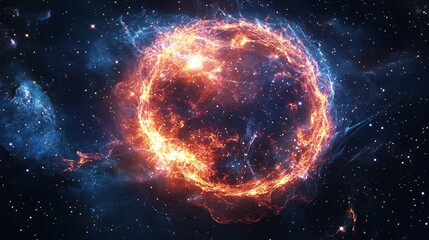 Obraz premium Fiery cosmic nebula with swirling gas and stars in a dark space.