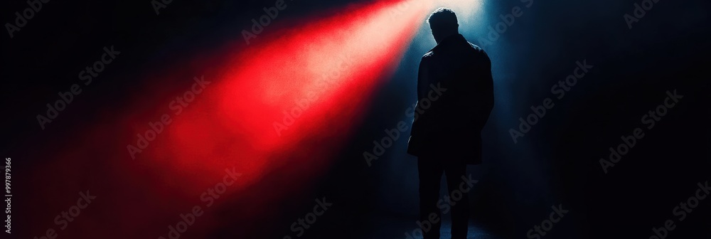 Poster a mysterious figure emerges from darkness, surrounded by deep colors of red and black, evoking a sen