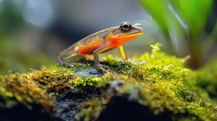 Fototapeta premium A delicate, slender amphibian rests on a lichen-covered stone, revealing its strikingly patterned skin and vivid hues.