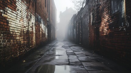 Fototapeta premium Foggy City Alleyway: A Glimpse into Urban Decay