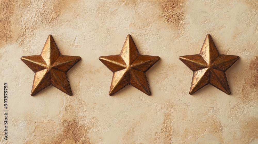 Poster three bronze stars are arranged in a horizontal line against a textured wall. the stars shine agains
