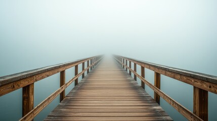 Obraz premium Wooden Bridge Disappearing into the Fog - A Serene Landscape