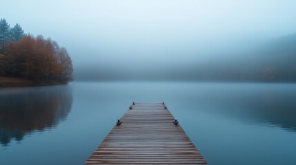 Fototapeta premium Serene Foggy Lake with Wooden Dock and Autumn Trees