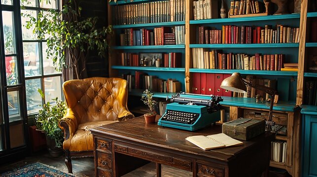 A charming workspace adorned with retro decor, showcasing a classic typewriter and vibrant shelves brimming with timeless literature.