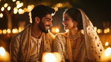 Portrait of a beautiful, smiling young couple in traditional Indian attire celebrating their wedding. They are looking at each other and wearing ethnic jewelry while standing under candles during 