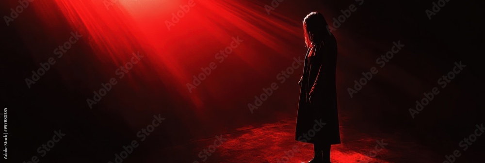 Aufkleber In a dimly lit space, a solitary figure is illuminated by a harsh red spotlight, creating an atmosphere of intense suspense and dread. Generative AI