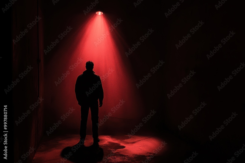 Poster In a dimly lit space, a solitary figure is cast in a haunting red light, creating an atmosphere filled with tension and mystery. Generative AI