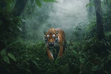 A Bengal tiger prowling through a dense, misty rainforest, with towering trees and vibrant green foliage all around