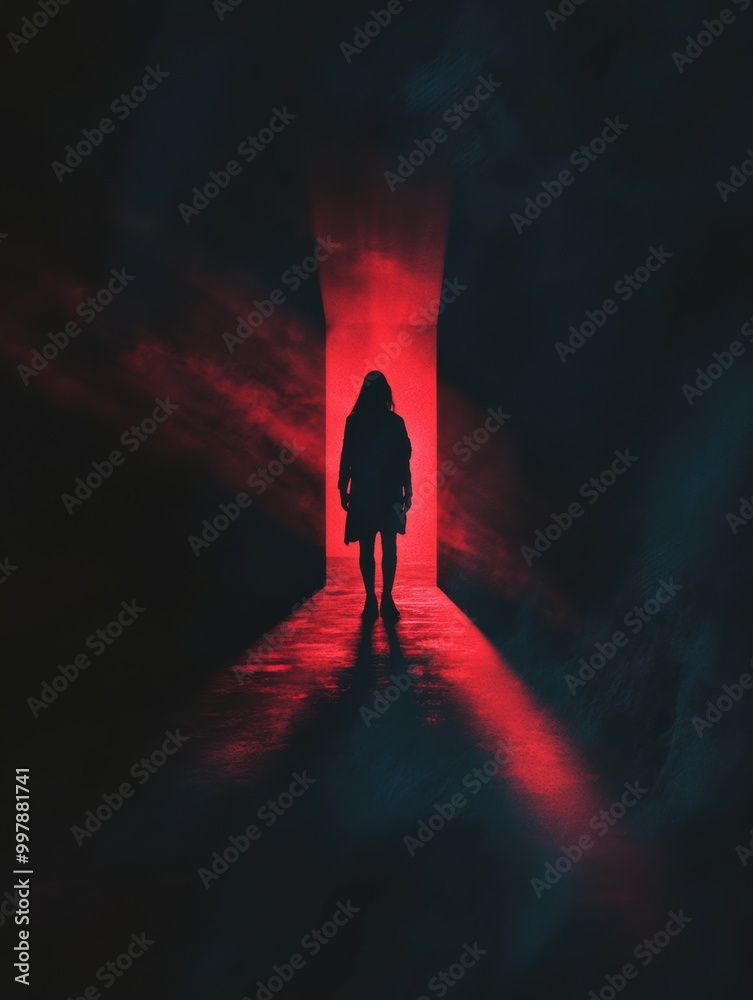 Aufkleber In a dimly lit space, a lone figure is highlighted by a spotlight, surrounded by deep shadows and intense colors, creating a tense atmosphere. Generative AI