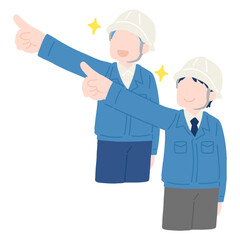 同じ方向を向いて斜め上を指さすヘルメットをかぶりスーツに作業服を着た男性2人のフラットなイラスト
