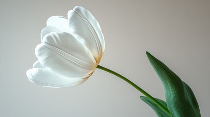 Elegant white tulip with soft petals and green leaves.