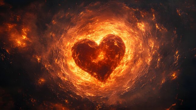 A central heart engulfed by a ring of swirling fire, flames flickering in vibrant orange and red tones, representing the burning energy of love and desire. Surrealism, Fire, Warm tones, Symbolism