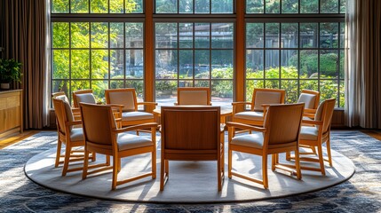 A circle of elegant wooden chairs on a neutral carpet, in a grand negotiation hall with large windows, symbolizing fairness and diplomacy. Classic, Warm tones, Natural light