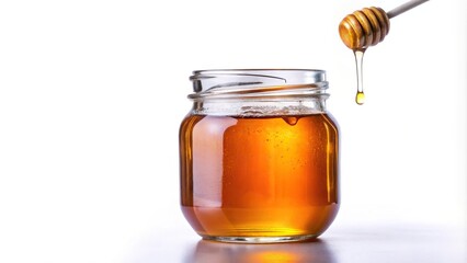 Eye Level Dripping honey in a glass jar isolated on white background